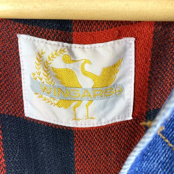 Vintage WINGARS Mens Size Medium Trucker Denim Jean Jacket Red Plaid Lining - Picture 5 of 6